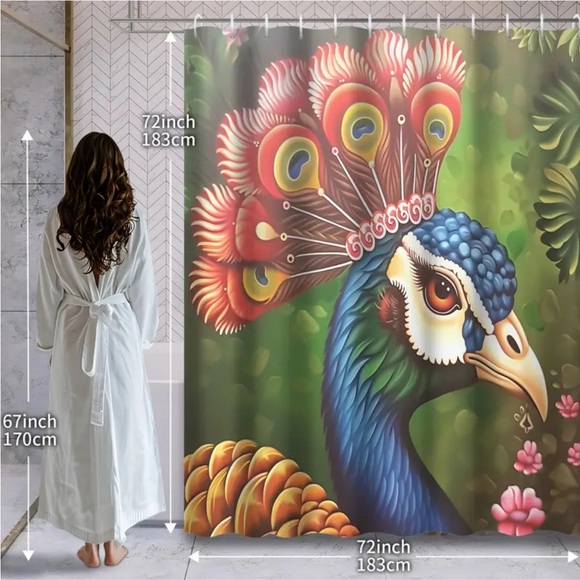 Peacock Hand-Painted Printed Novelty Shower Curtain - Picture 5 of 10